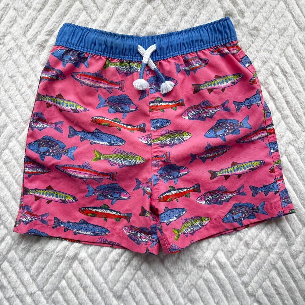 Mini Boden Boys 2-3Y Pink Fish Print Swim Trunks Beach Swim Shorts UPF
